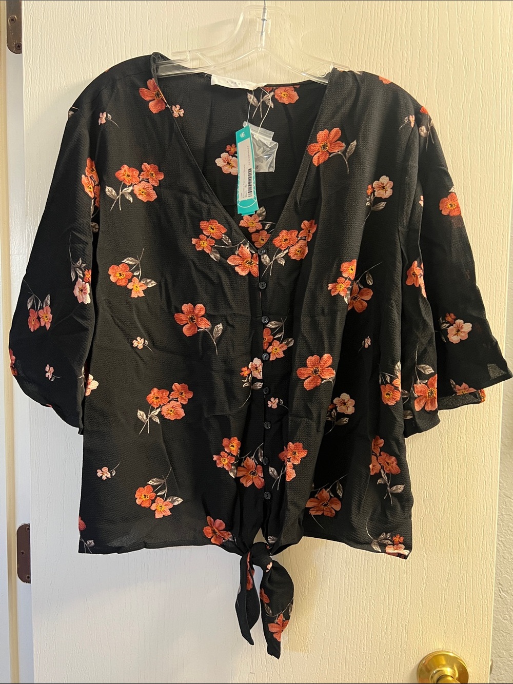 Lush Black Floral Tie-Hem Button Blouse